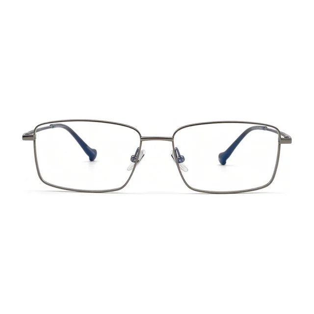 Armazón de titanio, metal gris con plaquetas y terminales azules